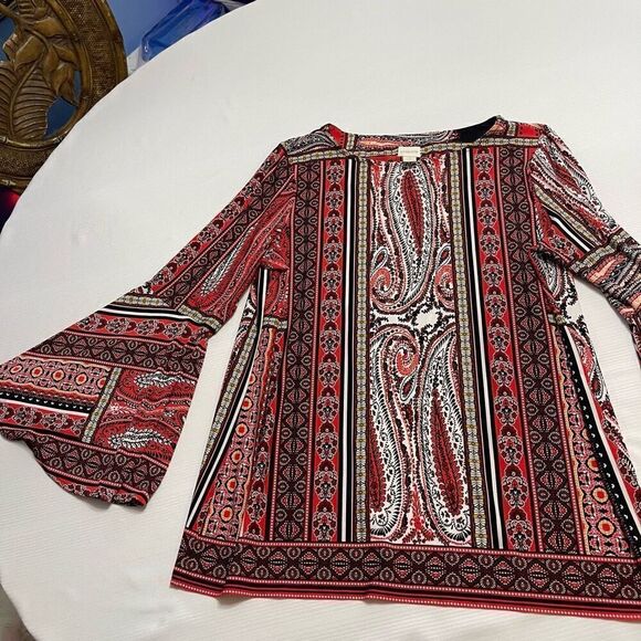 Chicos Boho Paisley Stretch Orange Red Bell Sleeve Blouse Top Size 2 US Large - Picture 2 of 11
